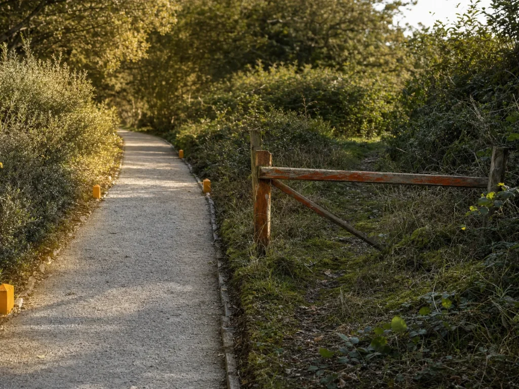 Deux chemins de jardin côte à côte : l’un gravillonné, dégagé et balisé de bornes ambrées, l’autre envahi par la végétation et fermé par une barrière en bois